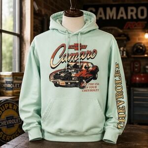 GM Chevrolet Camaro Hoodie Mens XL Mint Green Pullover Graphic Muscle Car Fleece